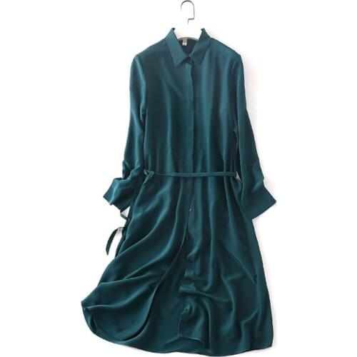 Women Summer Silk Dress Vintage Blue Natural silk dresses Elegant Dress Casual holiday real silk long shirt dress