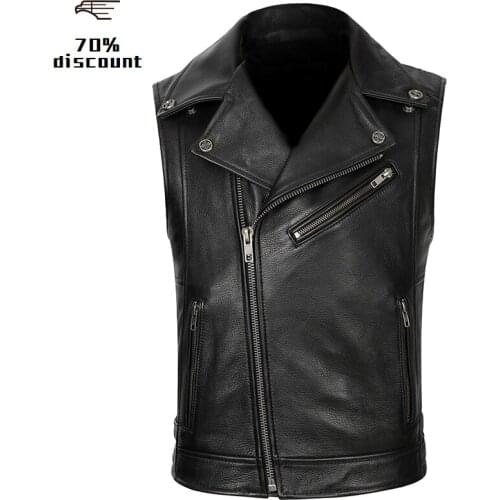 2020 Black Men Slim Fit Bikers Leather Vest Plus Size XXXXL Genuine Cowhide Autumn Short Motorcycle Leather Vest FREE SHIPPING