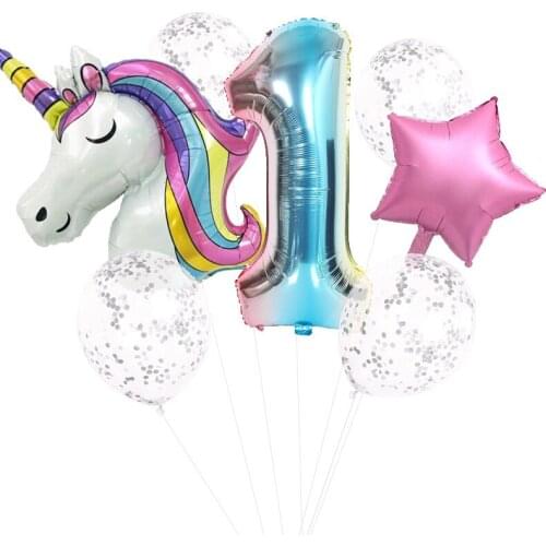 7pcs/lot Unicorn Party Rainbow Gradient Balloons 32inch Number Foil Balloon Kids Birthday Party Decorations Baby Shower Decor