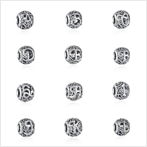 Silver Shiny 26 letter beads fit Pandora Charm Silver 925 Bead Pendant Bangle with stylish DIY jewelry