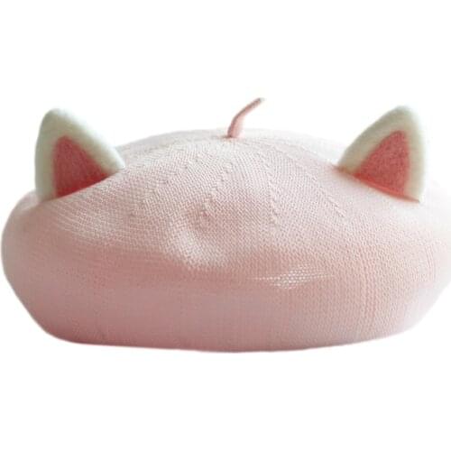 Sweet Pink Cat Ear Beret Summer French Beret Hats for Women Artist Ramie Cotton Beret Handmade women Breathable beret hat