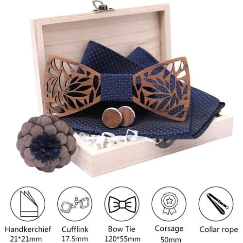 Wooden Bow Tie Handkerchief Set Mens Plaid Bowtie Wood Hollow Carved Cut Out Floral Design With Box Fashion Bow Ties Men