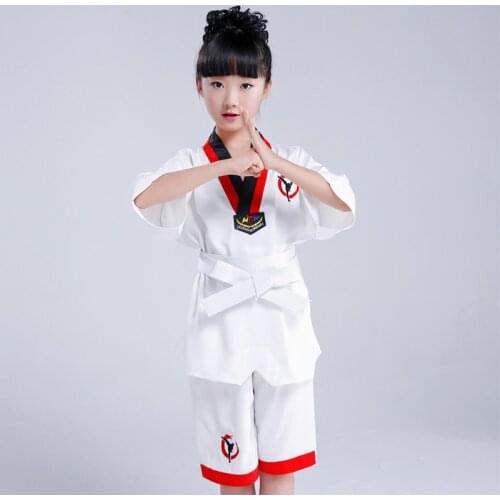 Kids Taekwondo Uniform Taekwondo Uniforms WTF Mooto Karate Judo Taekwondo Dobok Clothes Children Short Sleeve TKD Clothing