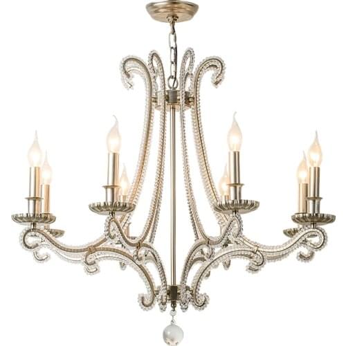 French Cast Metal chandelier for living room indoor lighting Country wrought iron lamp bedroom retro silver crystal chandeliers
