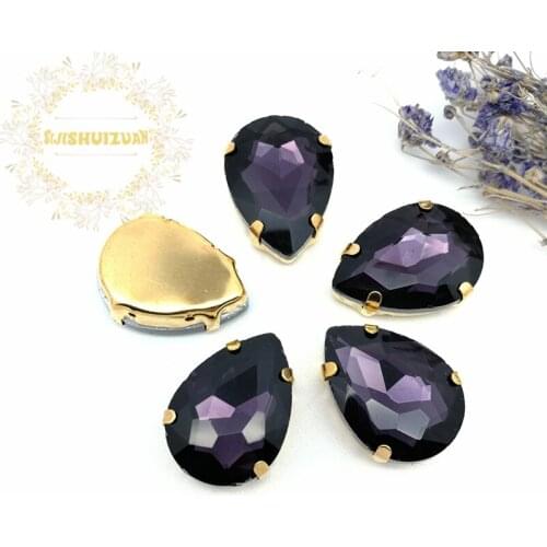 Best-selling Deep Purple Water drop shape Crystal Glass Sew-on Rhinestones with gold Claw DIY wedding Dresses and Clothes