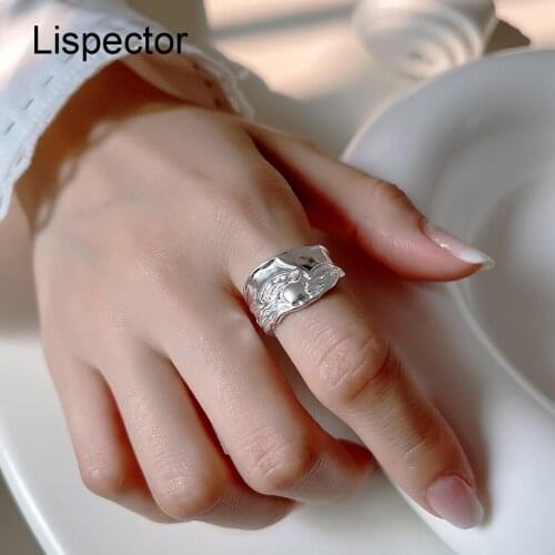 Lispector 925 Sterling Silver Korean Irregular Texture Rings for Men Women Wrinkles Flow Wide Ring Unisex Rock Party Jewelry