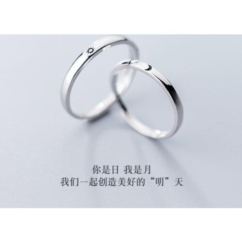Solid 925 Sterling Silver Matching Rings for Couples Friends Moon Sun Adjustable Ring for Women Men Wedding Engagement Jewelry