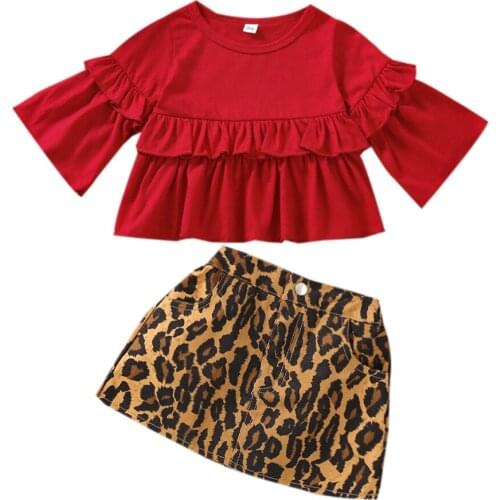 1-5Years Girl’s Outfits Two Piece Suit Fashion Solid Color Trumpet Sleeve T-shirt and Leopard Short Skirt