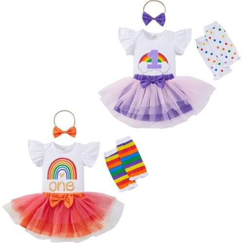 4Pcs Toddler Summer Outfits, Rainbow Flared Short Sleeves Romper + Tutu Skirt + Leg Warmer + Headband Baby Girls Clothes