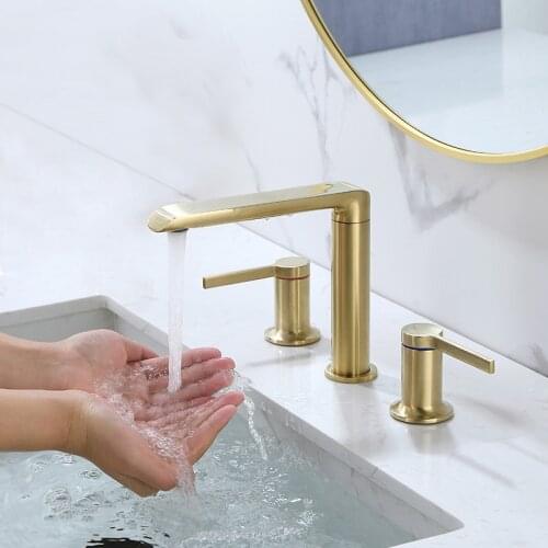 Copper Bathroom Basin Faucets Solid Brass Sink Mixer Taps Hot & Cold Deck Mounted Widespread Type Brushed Gold/Black/Chrome