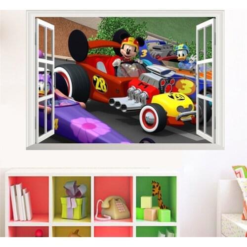 Mickey Mouse Driving Racing Car 3D Window Childrens Gift Wall Stickers Kids Room Decoration Cartoon Mural Art Diy Home Decals