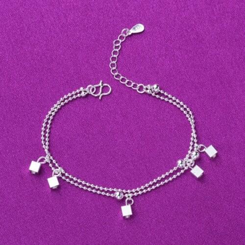 Fashion Double Layer Square 925 Sterling Silver Charm Bracelets & Bangles Anklet For Women Wedding Party Jewelry A175