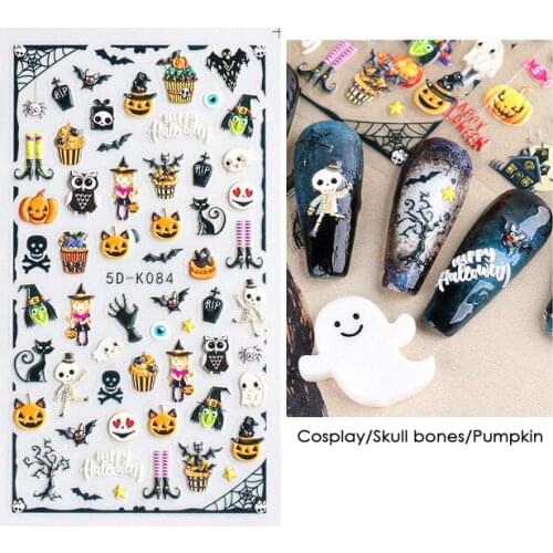Back Glue Halloween Vampire Skull White Flower Halloween Decals Designer Stickers Nails 5D Carved Three-dimensional Nail Sticker
