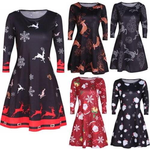 New Year Christmas Robe Plus Size Ladies Dresses Print Cartoon Dress Long Sleeve Casual Vestidos Mid-length Party Dresses 5xl