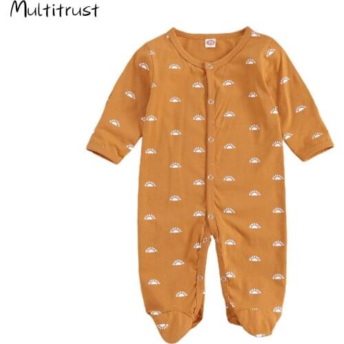 Baby Girl Clothes 2020 Fall Romper Cotton Jumpsuit, Round Collar Sun Printed Crotch Buttons Loose Clothes Warm Socks