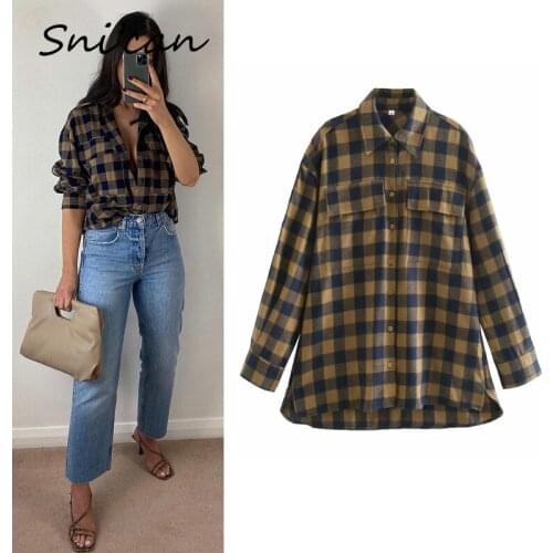 Snican Casual Women Plaid Blouse Office Ladies Za 2021 Women Long Shirt Female Tops Streetwear Chemisier Femme Chandails Blusas