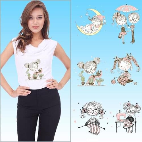 Sleepy girl Cactus Thermal Stickers Washable Ironing stickers Heat-sensitive patches for Clothing DIY T-shirt Applique on Cloth