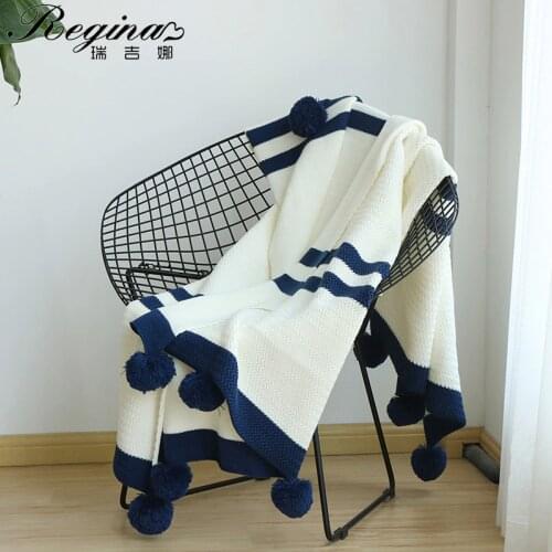 REGINA Knitted Blanket Acrylic Navy Stripe White Women Blanket Ripple Crocheting Ball Tassel Design Bed/Sofa Throws Home Decor