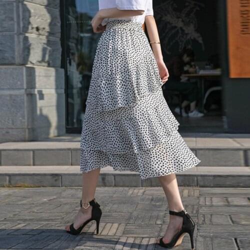 White black polka dot chiffon long skirts womens 2020 summer school girls korean style high waist ruffle skirt women faldas c55
