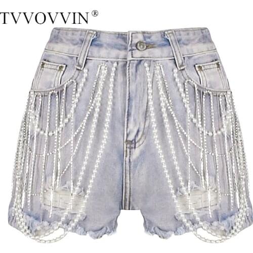 TVVOVVIN Blue High Waist Edging Heavy Pearl Rhinestone Tassel Woman Denim Shorts Casual Simple Fashion 2020 Summer New F941