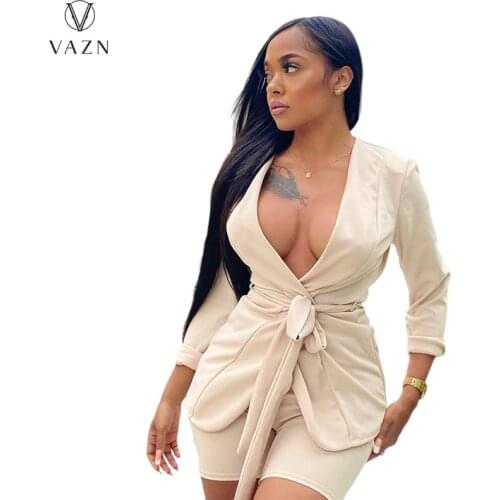 VAZN 2021 Women Fashion Hot Sale Street Casual Style Sets Long Sleeve Top Elastic Short Pants Pure Color Two Piece Sets