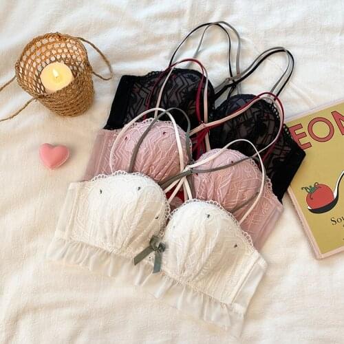 Wasteheart New Fashion Women White Pink Sexy Lingerie Lace Cross Back Cotton Panties Push Up Padded Wireless Bra Sets A B