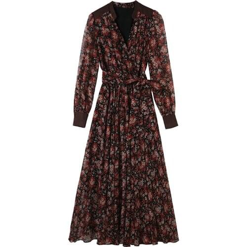 2020 New Spring Autumn Women Sexy V-Neck Long Sleeve Dress High Quality Vintage French Long Dress Elegant Chiffon Floral Dress