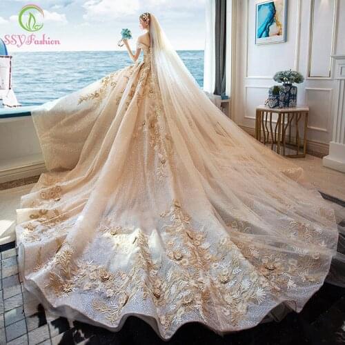 SSYFashion New High-end Wedding Dress Luxury Princess Champagne Court Train Lace Flower Long Wedding Gown Vestido De Novia