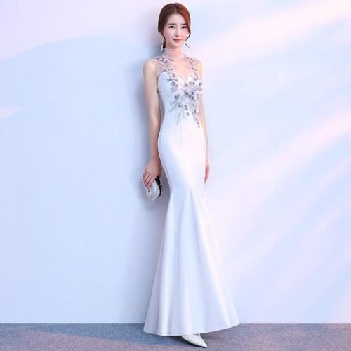 White Stage Show Qipao Sequins Mermaid Cheongsam Dress Vestidos Chinos Oriental Wedding Gowns Party Dresses Plus Size 3XL
