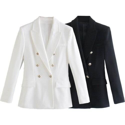 ZXQJ Women 2021 Fashion Office Wear Double Breasted Blazer Coat Vintage Long Sleeve Flap Pockets Female Outerwear Chic Tops