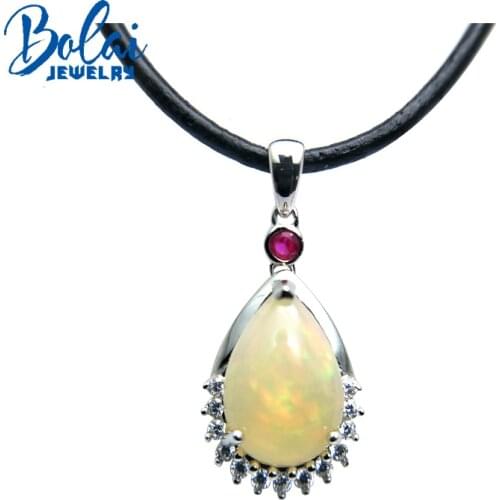 Bolaijewelry,water drop shape pendant & hide rope natural Ethiopia opal 925 sterling silver fine jewlery for women gift box