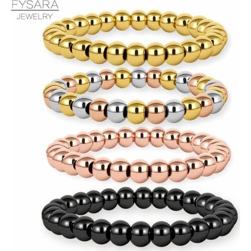 FYSARA 6/8mm Stainless Steel Gold Color Beaded Bracelets & Bangles for Women Men Jewelry Biker Bicycle Bead Stretchable Bracelet
