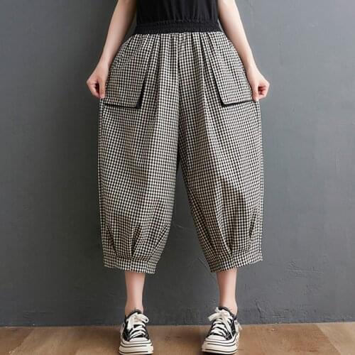 Women Cotton Linen Casual Harem Pants New Arrival 2021 Summer Vintage Style Plaid Print Loose Female Calf-length Pants B503