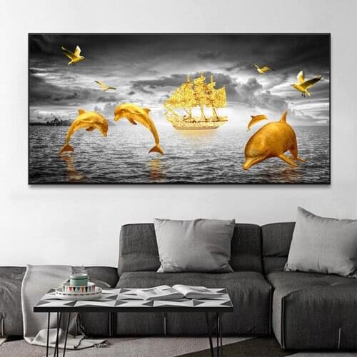 Black and White Nordic Golden Sailboat Dolphin Bird Ocean Landscape Poster Canvas Prints Wall Picture for Living Room Home Decor