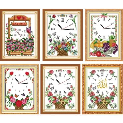 Flower Basket Clock Embroidery Counted Cross Stitch Kits 11CT 14CT Stamped Printed Needlework Decoration DIY Handmade Gifts Sets