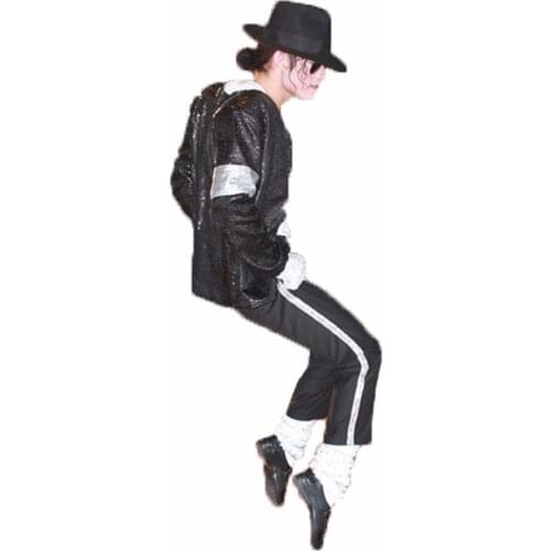 Michael Jackson Cosplay Costume Billie Jean Suits Sequin Kids Adults MJ Jacket+Pants+hat +glove Show Black Color gift one glove