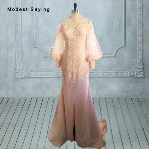 Real Elegant Split Mermaid High Neck Puff Long Sleeve Beaded Lace Wedding Dresses 2017 Button Front Bridal Gowns Custom Made QW1