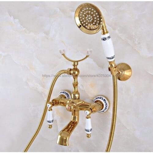 Bathtub Faucets Gold Color Brass Bathroom Tub Faucet W/Hand Shower Sprayer Clawfoot Mixer Tap Wall Mounted Nna906