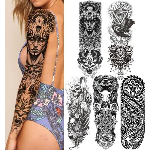 Tribal Totem Temporary Tattoos Sleeve For Women Men Black Geometric Tattoo Sticker Fake Skull Maori Demon Bady Art Tatoos Paper
