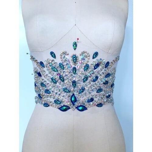 ZBROH Pure hand made clear AB colour/Peacock blue sew on Rhinestones applique crystals patches 32*17cm dress accessory