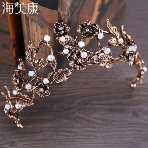 Haimeikang Bronze Women Wedding Hair Accessories Flower Diamond Shape Crown Tiara Bride Headband Alloy Pearl Elegant Hairbands