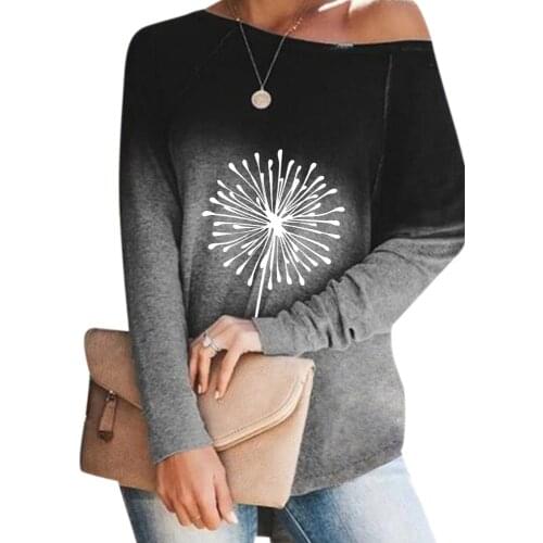 Autumn Gradient Women T-Shirts Dandelion Print Long Sleeve Casual Tops Oversize Round Neck Soft Ladies Tshirts