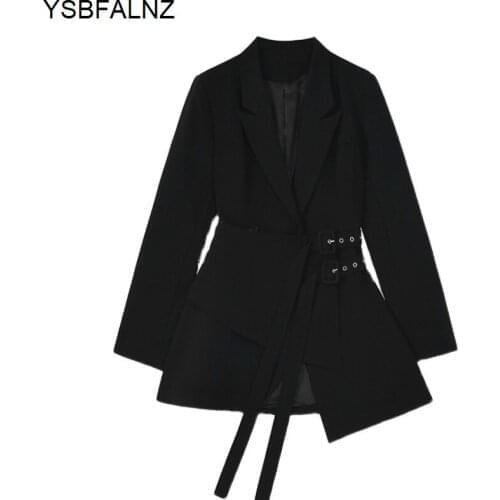 Blazer Coat Women Solid Belt Double Button Office Lady Chaquetas Para Mujer High Quality Long Sleeve Notched 2021 Autumn Fashion