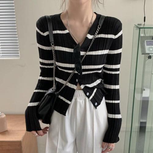 Lucyever 2021 New Knitted Striped Short Cardigan Women Autumn Slim Fit Cropped Sweaters Woman Korean Long Sleeve Buttons Sweater