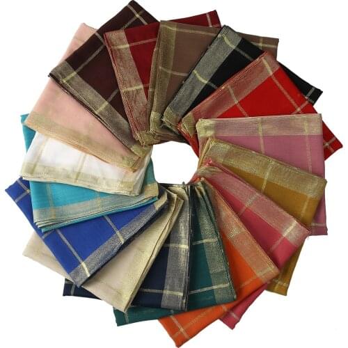 Golden Lurex Check Plaid Borders Square Scarf Shawl Stole HeadScarf Light Weight Simple Basic Design Soft For Women 90X90cm