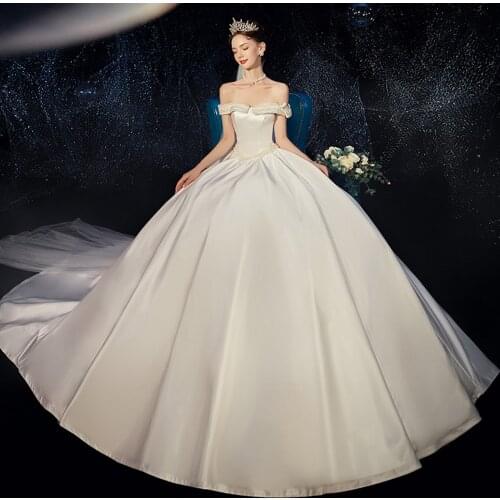 Robe Longue White Satin Pockets Wedding Dresses Beading Pearls Simple Vestido De Novia Off Shoulder Bridal Gowns with Veil