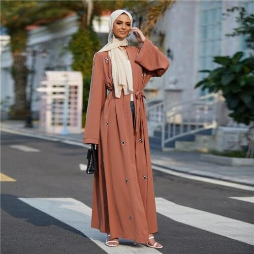 Ramadan Hand Made Diamond Beading Abaya Kimono Dubai Muslim Cardigan Abayas Women Casual Robe Femme Caftan Islam Clothes F2913w