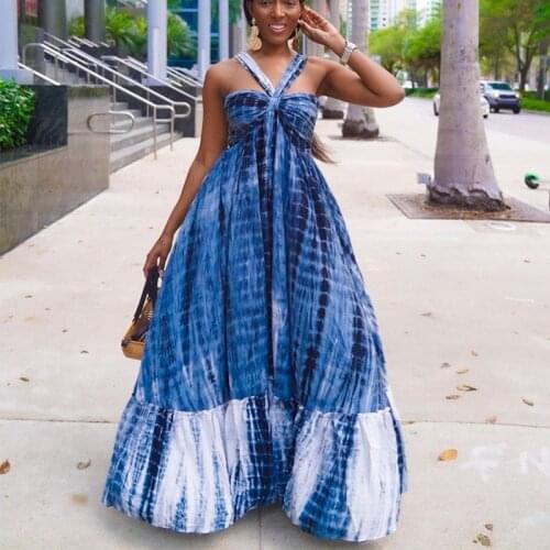 2021 Women Blue Halter Printed Backless Maxi Dress Sleeveless Floor Length Dresses Fashion Dress Summer Outfits S-XL