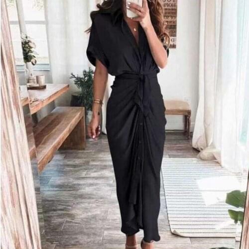 Short Sleeve Maxi Dress High Waist Women Buttons Solid Color Draped Tunic Dress Sundress