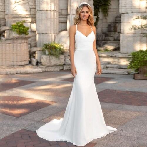 Boho Spaghetti Straps Mermaid Wedding Dress 2021 Sexy V-Neck Sweep Train Sleeveless Backless Bridal Gowns